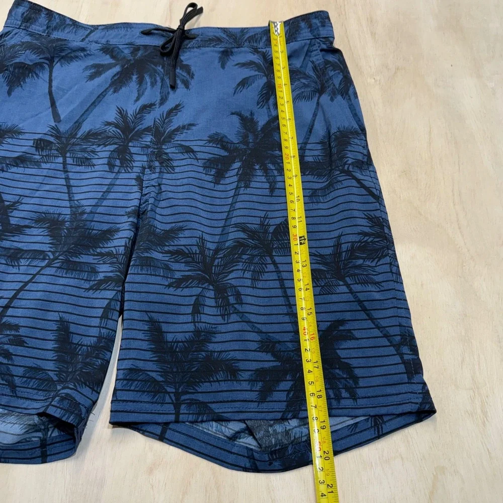 Kirkland Signature Mens Medium Stretch Swim Shorts Blue‎ Palm Tree Lined NWOT